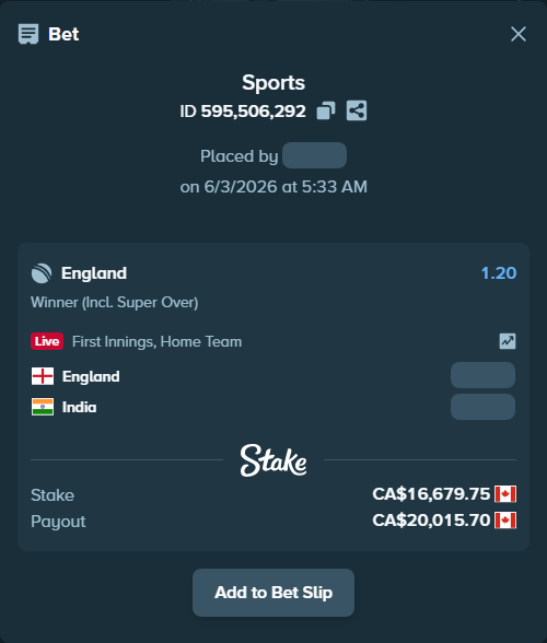 Bet slip: England - India, $12,343.02 stake at 1.20 odds, placed by Chinujaatjind