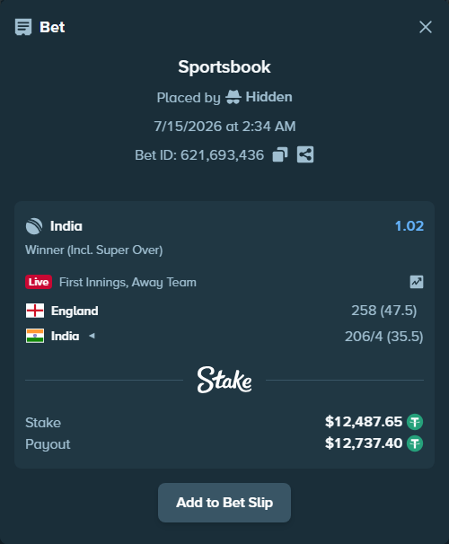 Bet slip: England - India, $12,500.14 stake at 1.02 odds, placed by Hidden