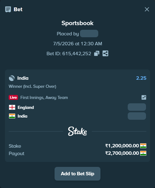 Bet slip: England - India, $14,400.00 stake at 2.25 odds, placed by Dilibp13