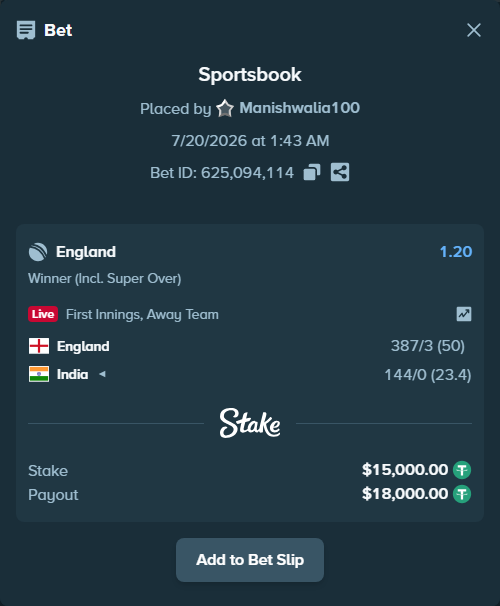 Bet slip: England - India, $15,000.00 stake at 1.20 odds, placed by Manishwalia100