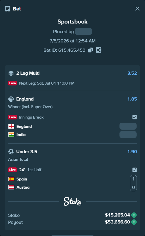 Bet slip: England - India, $15,280.30 stake at 1.85 odds, placed by AsTraL11
