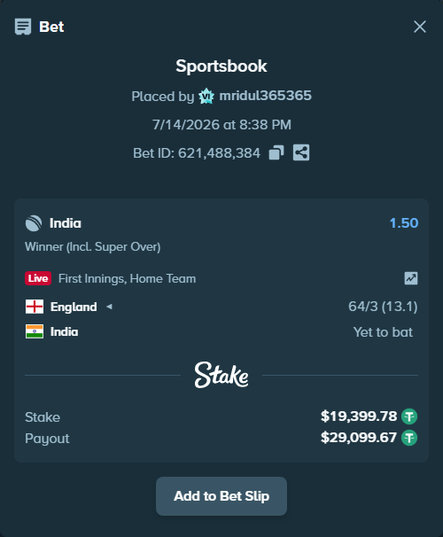 Bet slip: England - India, $19,419.18 stake at 1.50 odds, placed by mridul365365