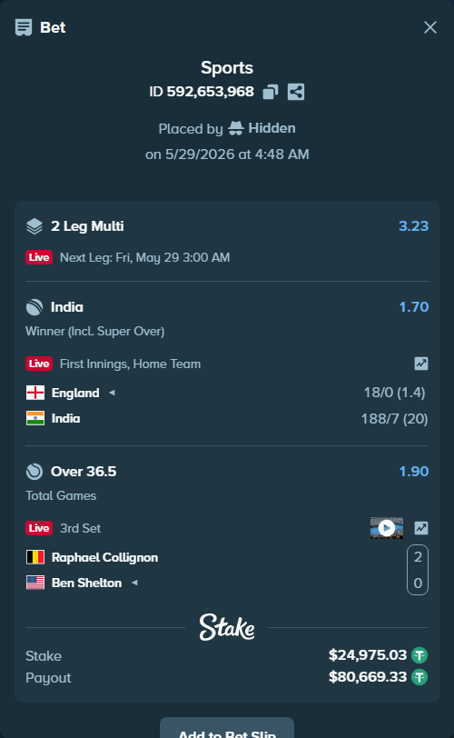 Bet slip: England - India, $25,000.00 stake at 1.70 odds, placed by Hidden