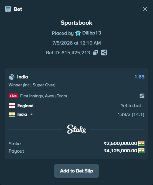 Bet slip: England - India, $30,000.00 stake at 1.65 odds, placed by Dilibp13