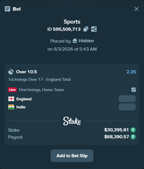 Bet slip: England - India, $30,426.21 stake at 2.25 odds, placed by Hidden