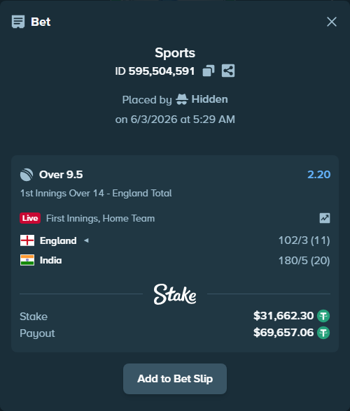 Bet slip: England - India, $31,693.96 stake at 2.20 odds, placed by Hidden