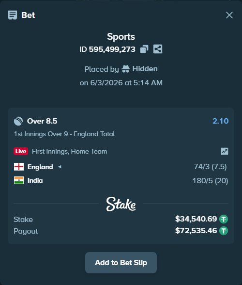 Bet slip: England - India, $34,575.23 stake at 2.10 odds, placed by Hidden