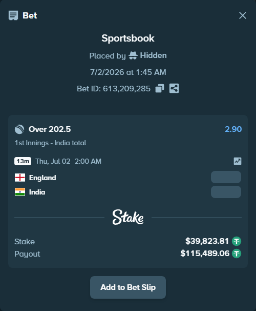 Bet slip: England - India, $39,863.64 stake at 2.90 odds, placed by Hidden