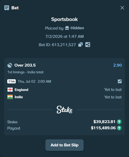Bet slip: England - India, $39,863.64 stake at 2.90 odds, placed by Hidden