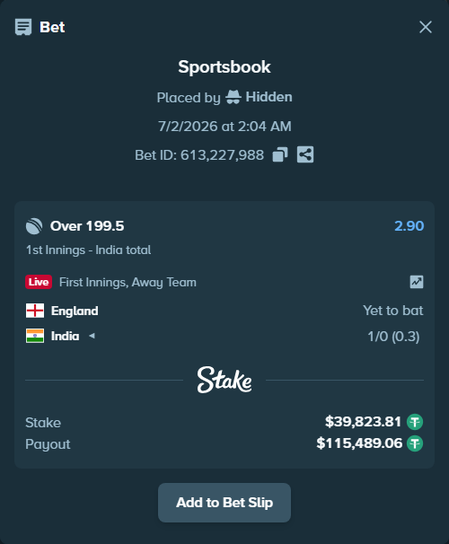 Bet slip: England - India, $39,863.64 stake at 2.90 odds, placed by Hidden