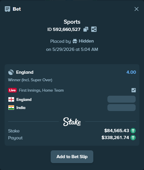 Bet slip: England - India, $84,650.00 stake at 4.00 odds, placed by Hidden