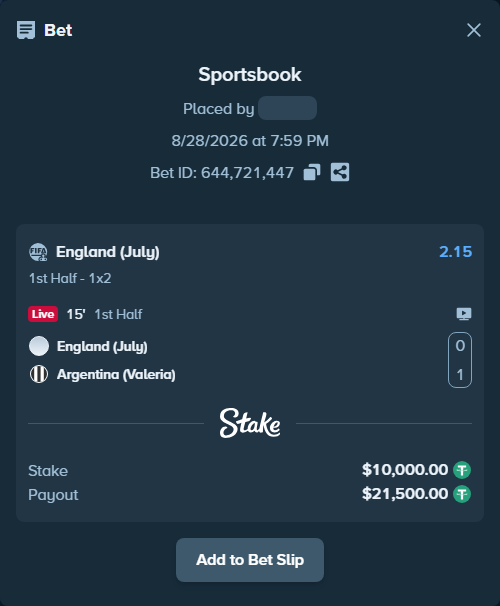 Bet slip: England (July) - Argentina (Valeria), $10,000.00 stake at 2.15 odds, placed by haroldfinchh