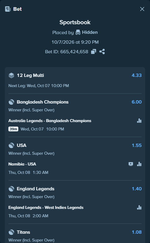 Bet slip: England Legends - West Indies Legends, $9,233.65 stake at 1.40 odds, placed by Brahma946