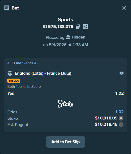 Bet slip: England (Lotta) - France (July), $8,259.26 stake at 1.02 odds, placed by Hidden