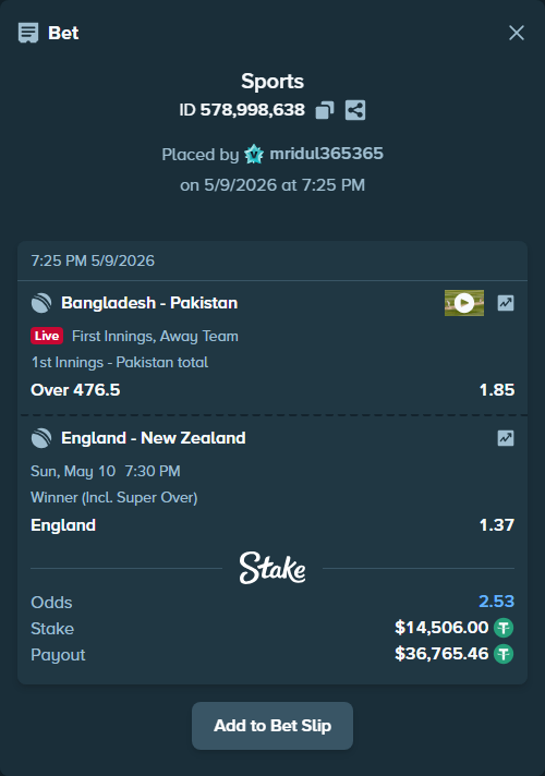 Bet slip: England - New Zealand, $14,506.00 stake at 1.37 odds, placed by mridul365365