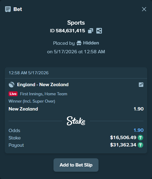 Bet slip: England - New Zealand, $16,523.00 stake at 1.90 odds, placed by Hidden