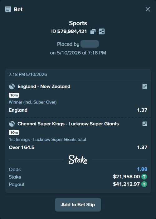 Bet slip: England - New Zealand, $21,958.00 stake at 1.37 odds, placed by mridul365365