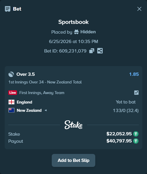 Bet slip: England - New Zealand, $22,075.00 stake at 1.85 odds, placed by Hidden