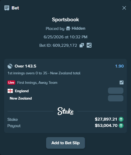 Bet slip: England - New Zealand, $27,925.11 stake at 1.90 odds, placed by Hidden