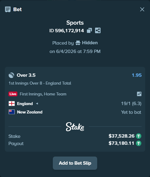 Bet slip: England - New Zealand, $37,565.79 stake at 1.95 odds, placed by Hidden