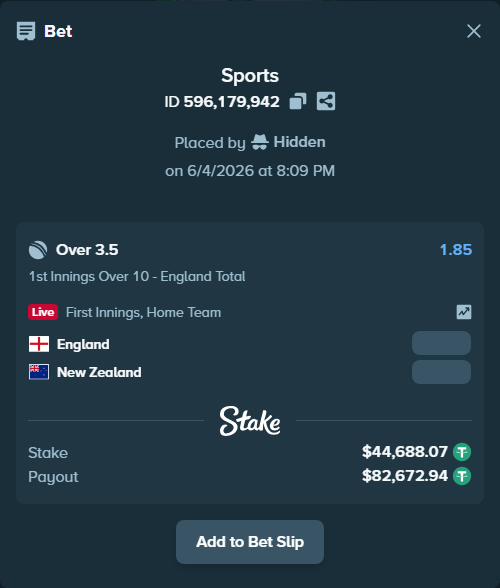 Bet slip: England - New Zealand, $44,732.76 stake at 1.85 odds, placed by Hidden