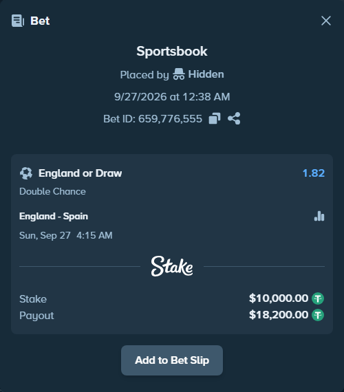 Bet slip: England - Spain, $10,000.00 stake at 1.82 odds, placed by DXBMustard