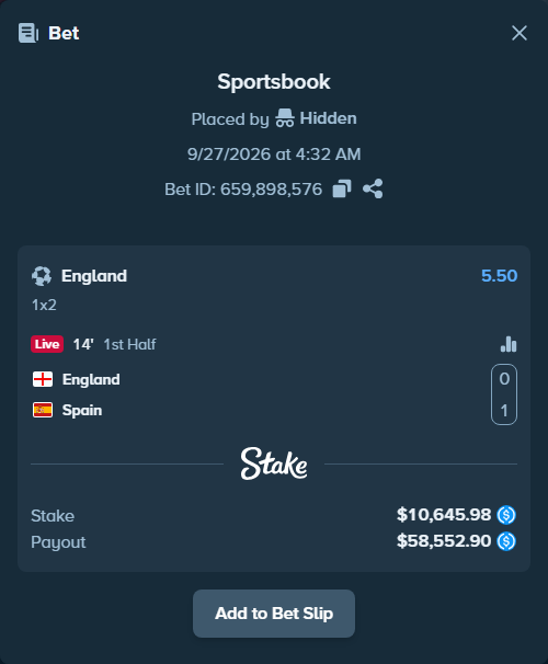 Bet slip: England - Spain, $10,645.98 stake at 5.50 odds, placed by pkpkpk38