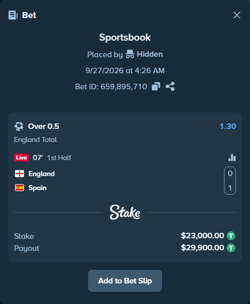 Bet slip: England - Spain, $23,000.00 stake at 1.30 odds, placed by Thenewdon16