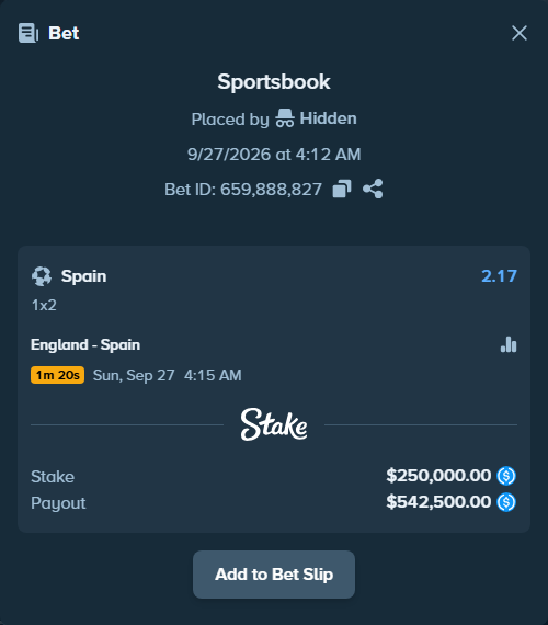 Bet slip: England - Spain, $250,000.00 stake at 2.17 odds, placed by szymool