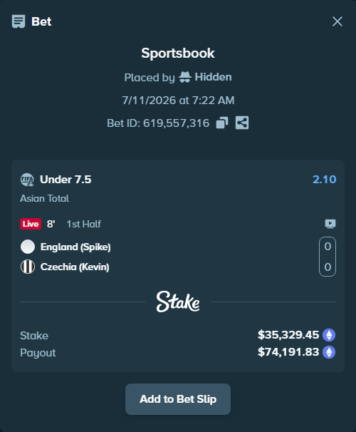 Bet slip: England (Spike) - Czechia (Kevin), $37,458.32 stake at 2.10 odds, placed by Hidden