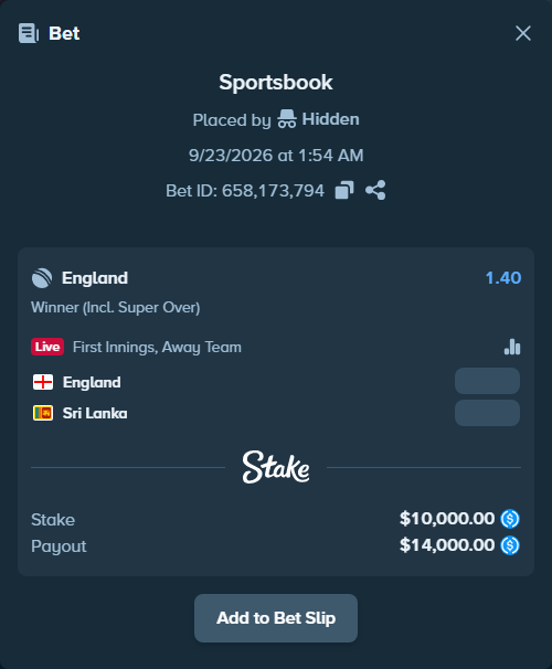 Bet slip: England - Sri Lanka, $10,000.00 stake at 1.40 odds, placed by Hidden