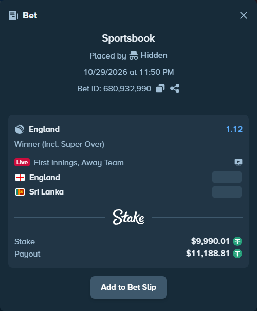 Bet slip: England - Sri Lanka, $10,000.00 stake at 1.12 odds, placed by Hidden