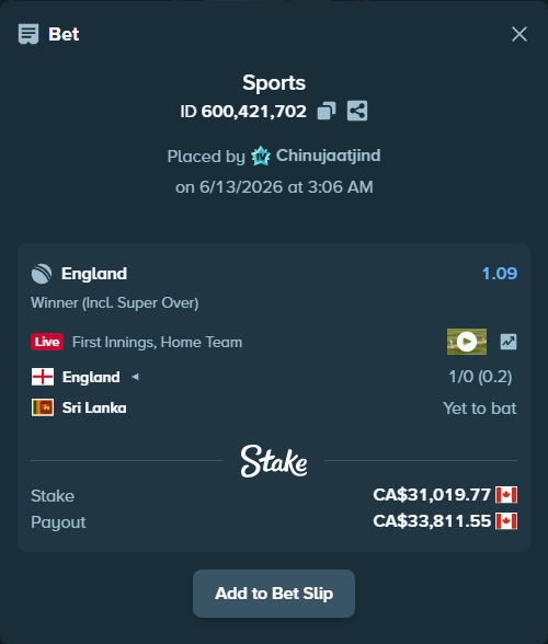 Bet slip: England - Sri Lanka, $22,954.63 stake at 1.09 odds, placed by Chinujaatjind