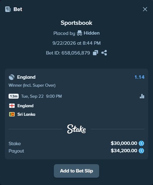 Bet slip: England - Sri Lanka, $30,000.00 stake at 1.14 odds, placed by Hidden