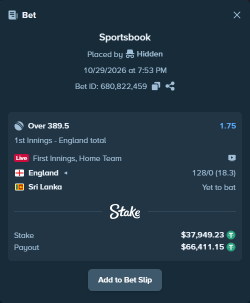 Bet slip: England - Sri Lanka, $37,987.18 stake at 1.75 odds, placed by Robel345345