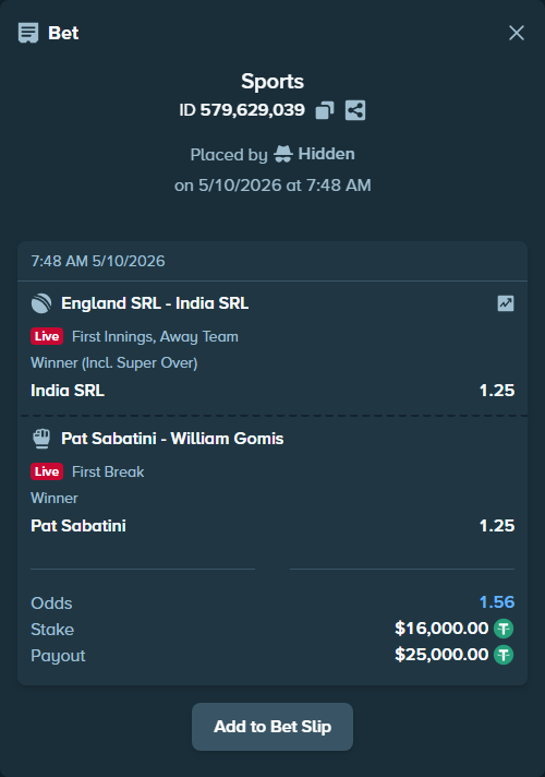 Bet slip: England SRL - India SRL, $16,000.00 stake at 1.25 odds, placed by Hidden