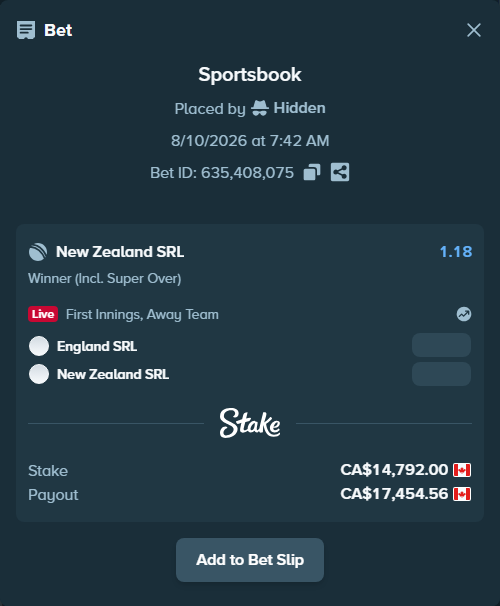 Bet slip: England SRL - New Zealand SRL, $10,946.08 stake at 1.18 odds, placed by Hidden