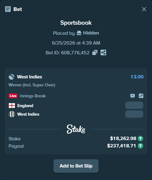 Bet slip: England - West Indies, $18,281.24 stake at 13.00 odds, placed by Hidden