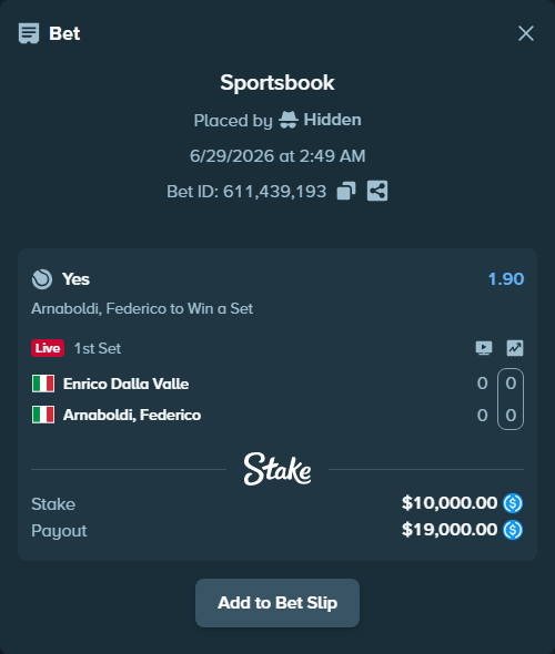 Bet slip: Enrico Dalla Valle - Arnaboldi, Federico, $10,000.00 stake at 1.90 odds, placed by Hidden