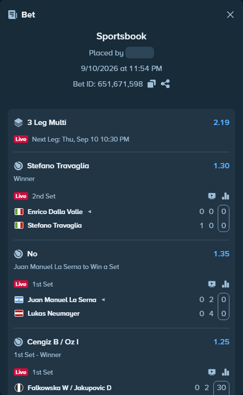 Bet slip: Enrico Dalla Valle - Stefano Travaglia, $20,161.50 stake at 1.30 odds, placed by kuwkuw