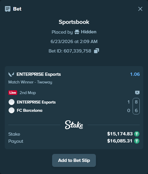 Bet slip: ENTERPRISE Esports - Barca eSports, $15,190.00 stake at 1.06 odds, placed by Hidden