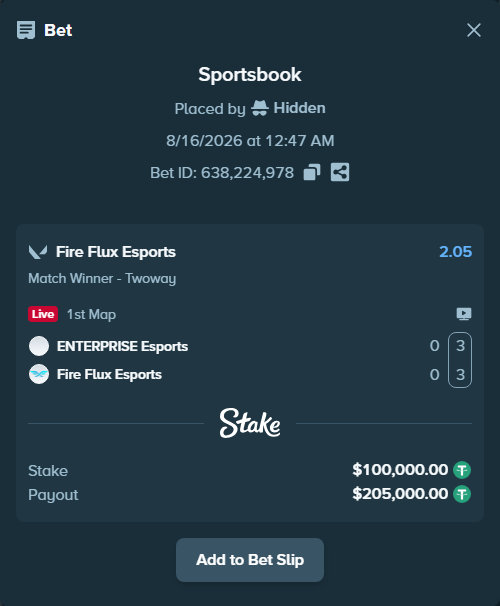 Bet slip: ENTERPRISE Esports - Fire Flux Esports, $100,100.00 stake at 2.05 odds, placed by Hidden