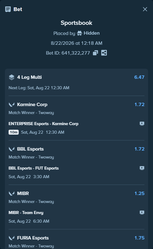 Bet slip: ENTERPRISE Esports - Karmine Corp, $27,235.06 stake at 1.72 odds, placed by Hidden