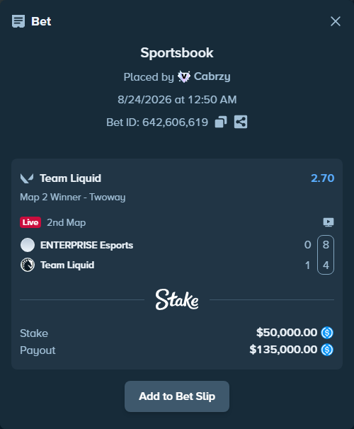 Bet slip: ENTERPRISE Esports - Team Liquid, $50,000.00 stake at 2.70 odds, placed by Cabrzy
