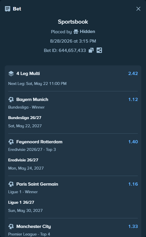 Bet slip: Eredivisie 26/27, $28,404.79 stake at 1.40 odds, placed by Hidden