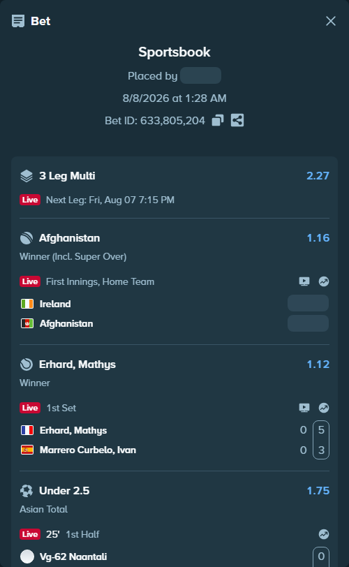 Bet slip: Erhard, Mathys - Marrero Curbelo, Ivan, $10,010.00 stake at 1.12 odds, placed by AsTraL11