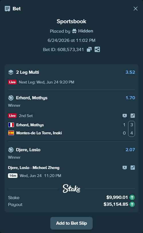 Bet slip: Erhard, Mathys - Montes-de la Torre, Inaki, $10,000.00 stake at 1.70 odds, placed by Hidden