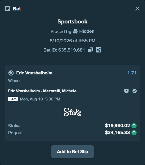Bet slip: Eric Vanshelboim - Mecarelli, Michele, $20,000.00 stake at 1.71 odds, placed by Hidden