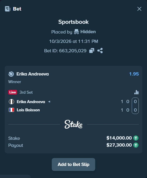 Bet slip: Erika Andreeva - Lois Boisson, $14,000.00 stake at 1.95 odds, placed by Hidden