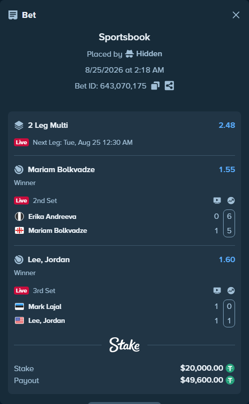 Bet slip: Erika Andreeva - Mariam Bolkvadze, $20,000.00 stake at 1.55 odds, placed by Hidden